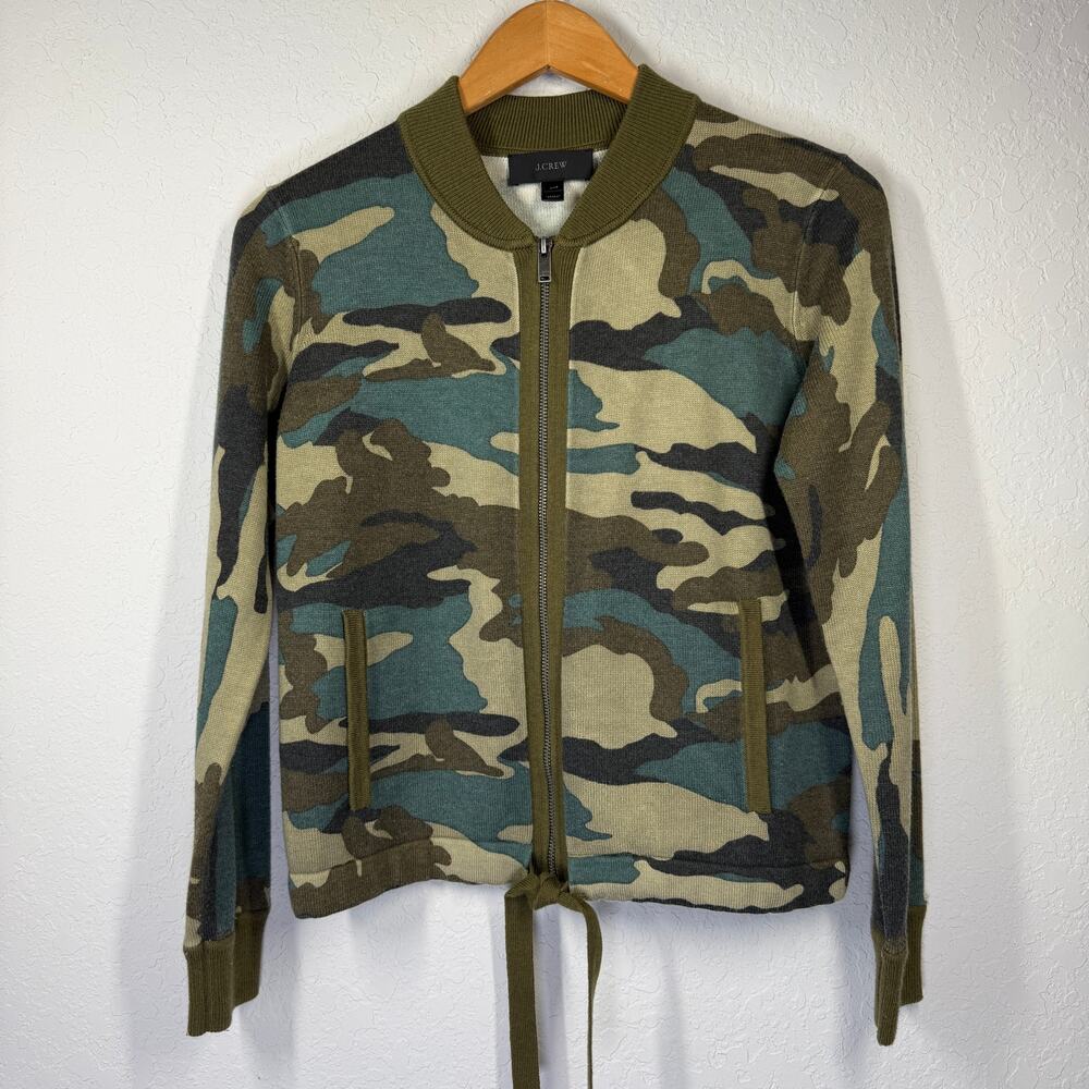 Women's J. Crew Zip Front Bomber Camouflage Cardigan Sweater Size XXS‎
